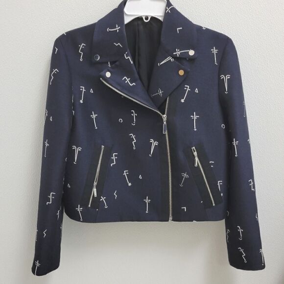 Grey Jason Wu Embroidered Face Crop Moto Jacket Size 8 - Picture 3 of 7